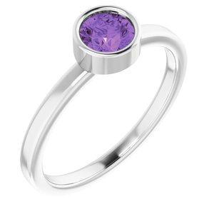 Rhodium-Plated Sterling Silver 5 mm Round Imitation Amethyst Ring