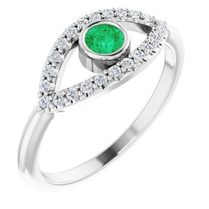Sterling Silver Emerald & White Sapphire Evil Eye Ring