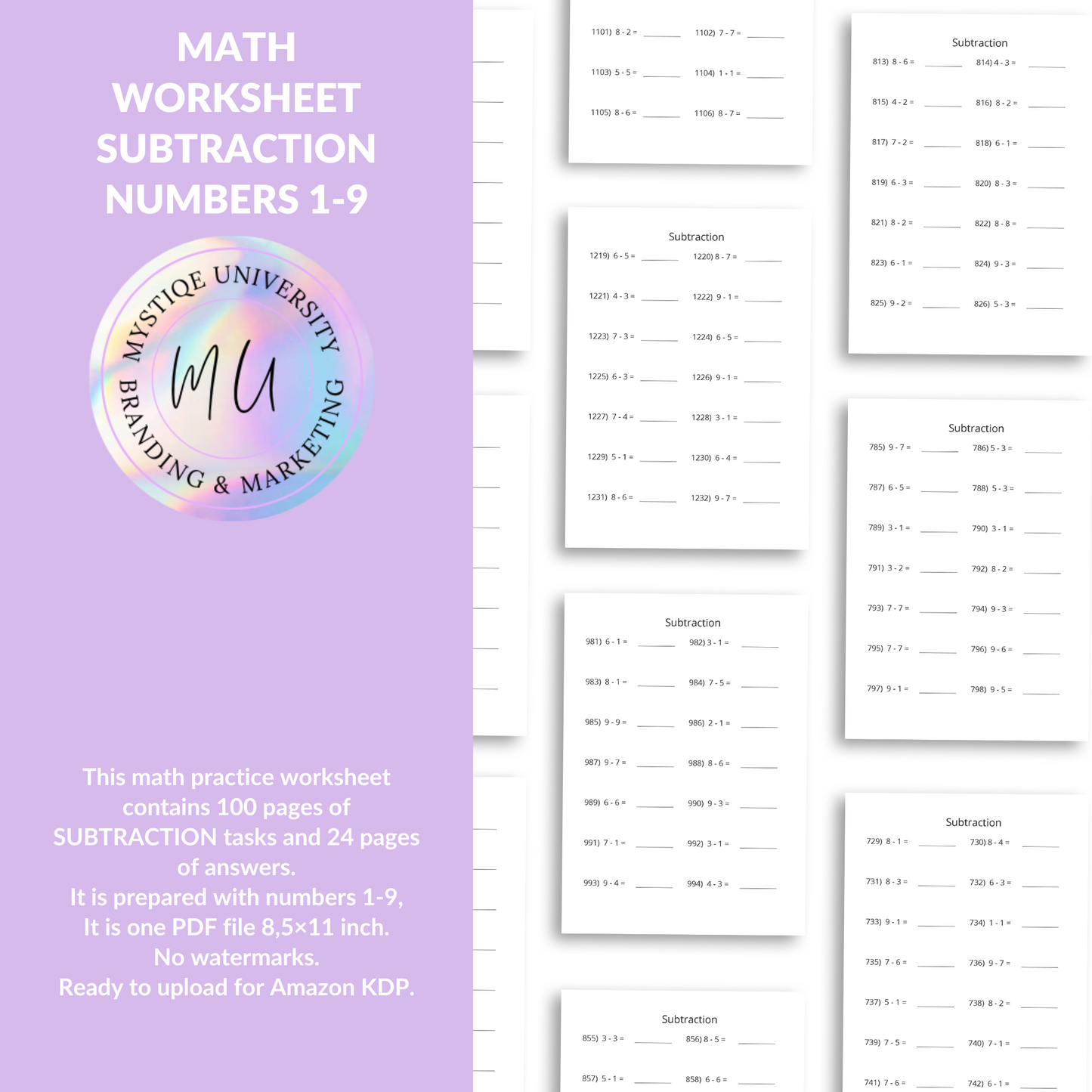 Math Subtraction Worksheet Numbers 1-9