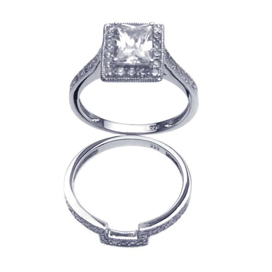 Sterling Silver Rhodium Plated Clear CZ Square Bridal Ring Set
