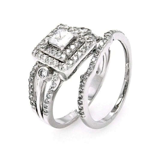 Sterling Silver Rhodium Plated Clear CZ Bridal Multi Layer Square Ring Set