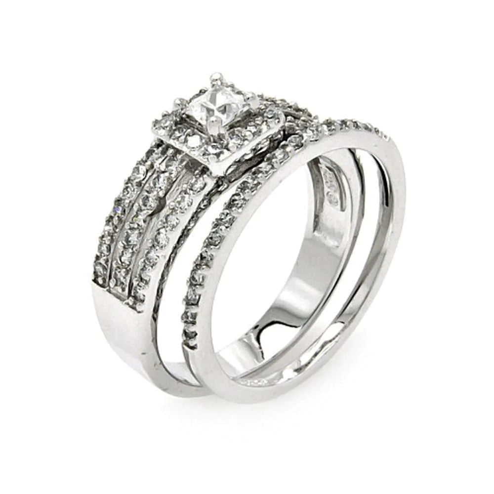 Sterling Silver Elegant 2 Pieces Engagement Ring with Three Row Design Inlaid with Clear Czs and Centered Princess Cut Clear CzAnd Band Width of 6.3MM