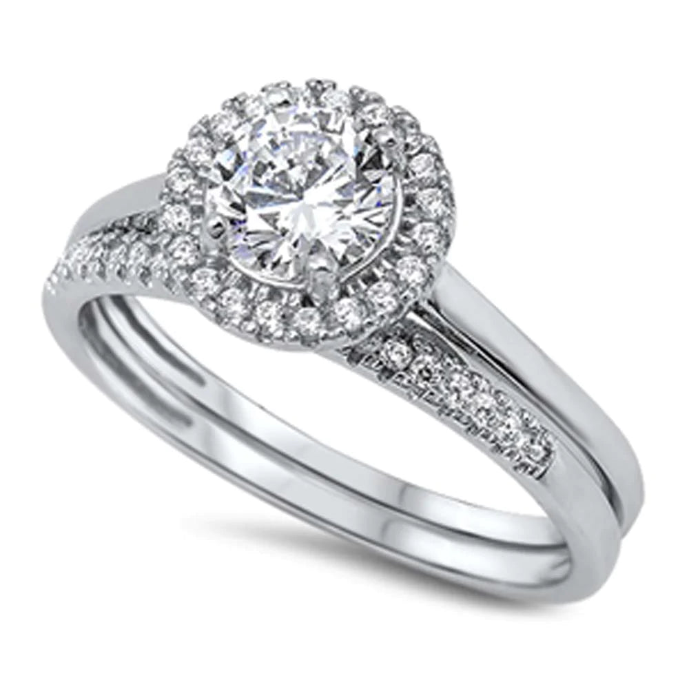 Conjuntos de anillos de boda con circonita cúbica de forma redonda y plata de ley 