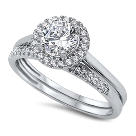 Conjuntos de anillos de boda con circonita cúbica de forma redonda y plata de ley 