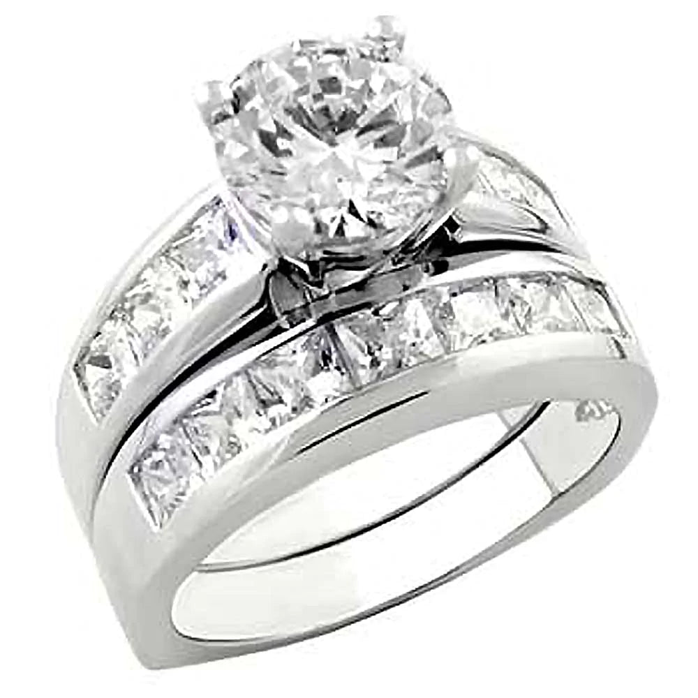 Sterling Silver Channel Set Cz Wedding Ring Set with an 8MM Prong Set Cz in the Center