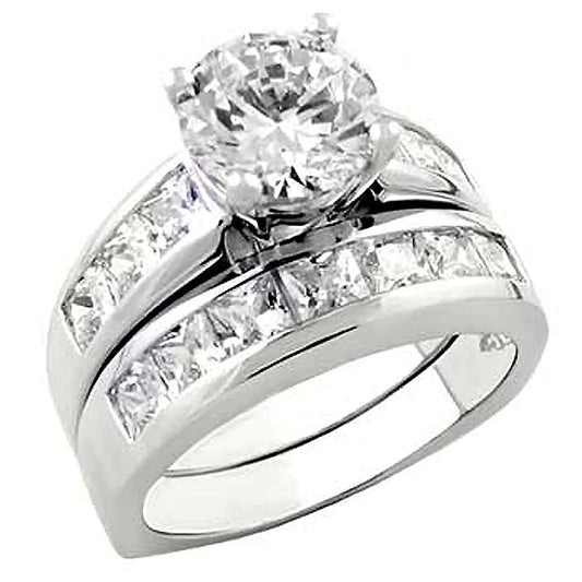 Sterling Silver Channel Set Cz Wedding Ring Set with an 8MM Prong Set Cz in the Center