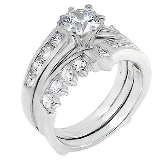 Sterling Silver Round Cz Wedding Ring Set with a Prong Set Cz in the Center