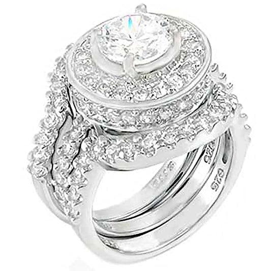 Sterling Silver Hand Set Round Cz 3 Pieces Wedding Ring Set