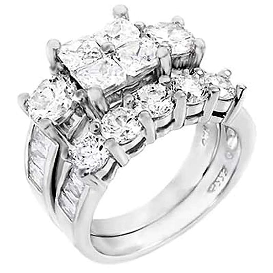 Sterling Silver Princess-Round-Baguette Cz Ring Set