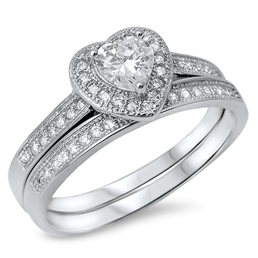 Conjunto de anillos de circonita cúbica con forma de corazón y micro pavé de circonita cúbica