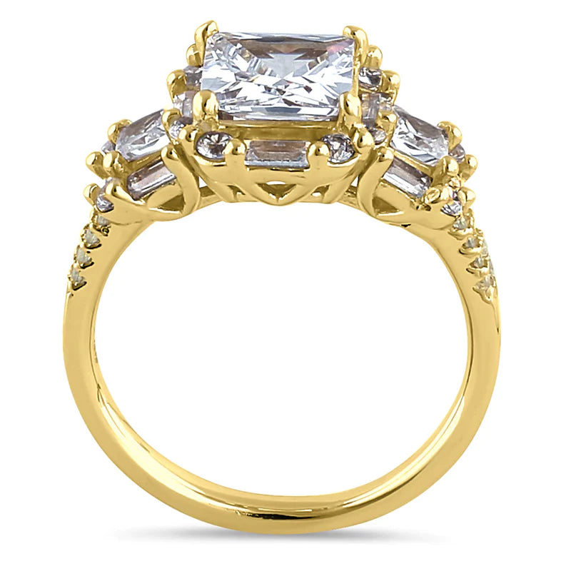 Anillo clásico de plata de ley chapado en oro amarillo con circonita transparente de corte redondo, esmeralda y princesa 