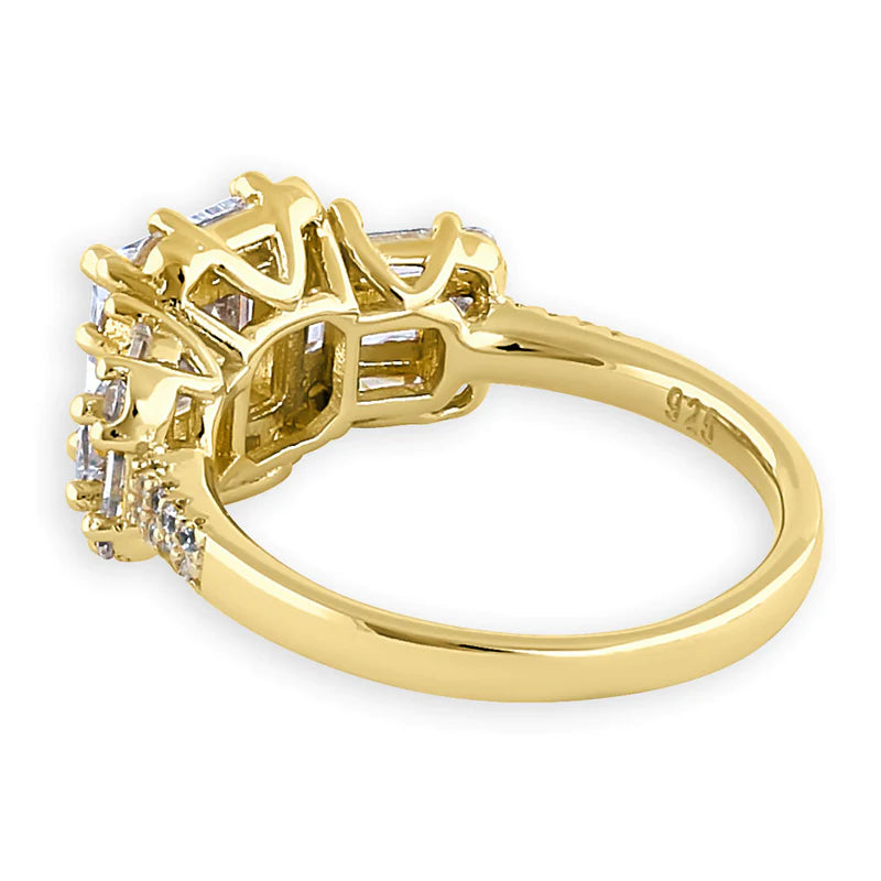 Anillo clásico de plata de ley chapado en oro amarillo con circonita transparente de corte redondo, esmeralda y princesa 