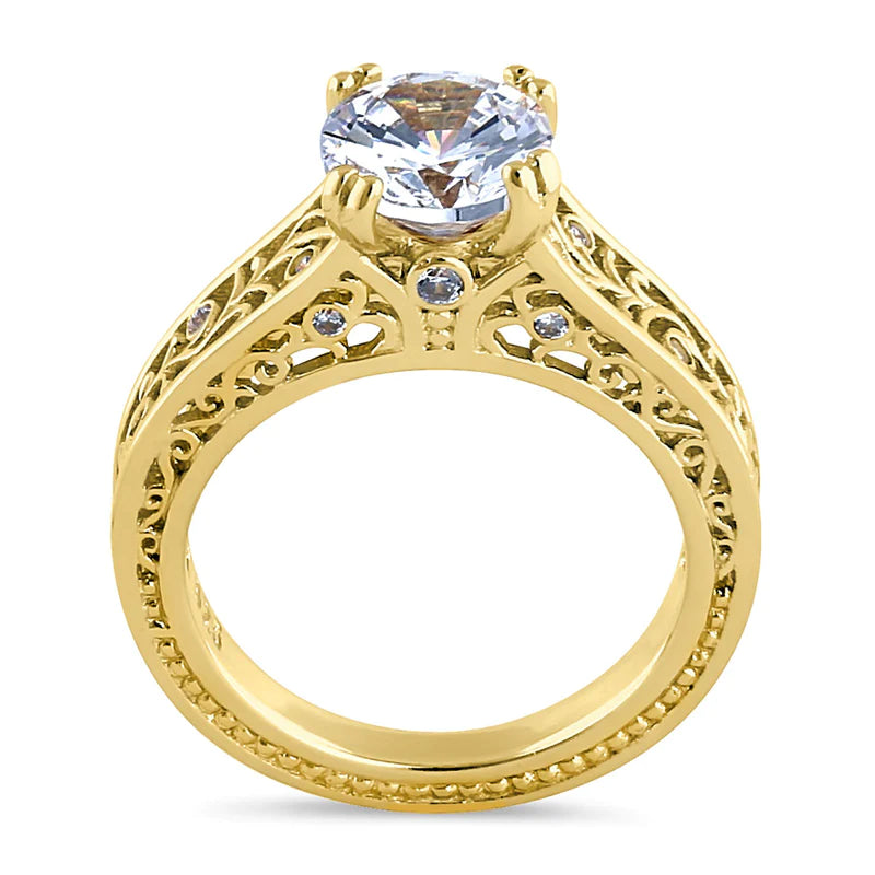 Sterling Silver Yellow Gold Plated Filigree Round Clear CZ Ring