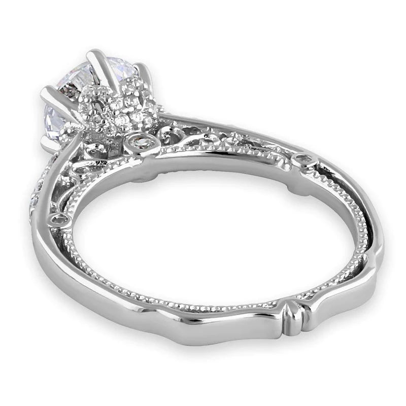 Anillo de compromiso de filigrana con circonita cúbica transparente de corte redondo de 7,0 mm de catedral victoriana de plata de ley 