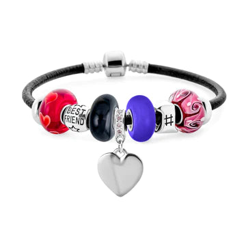 Pulsera con dije de cuentas de corazón BFF de cuero negro 