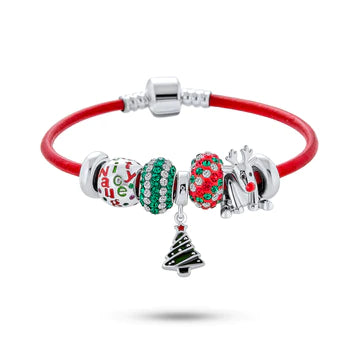 Red Leather Merry Christmas Tree Charm Multi Bracelet