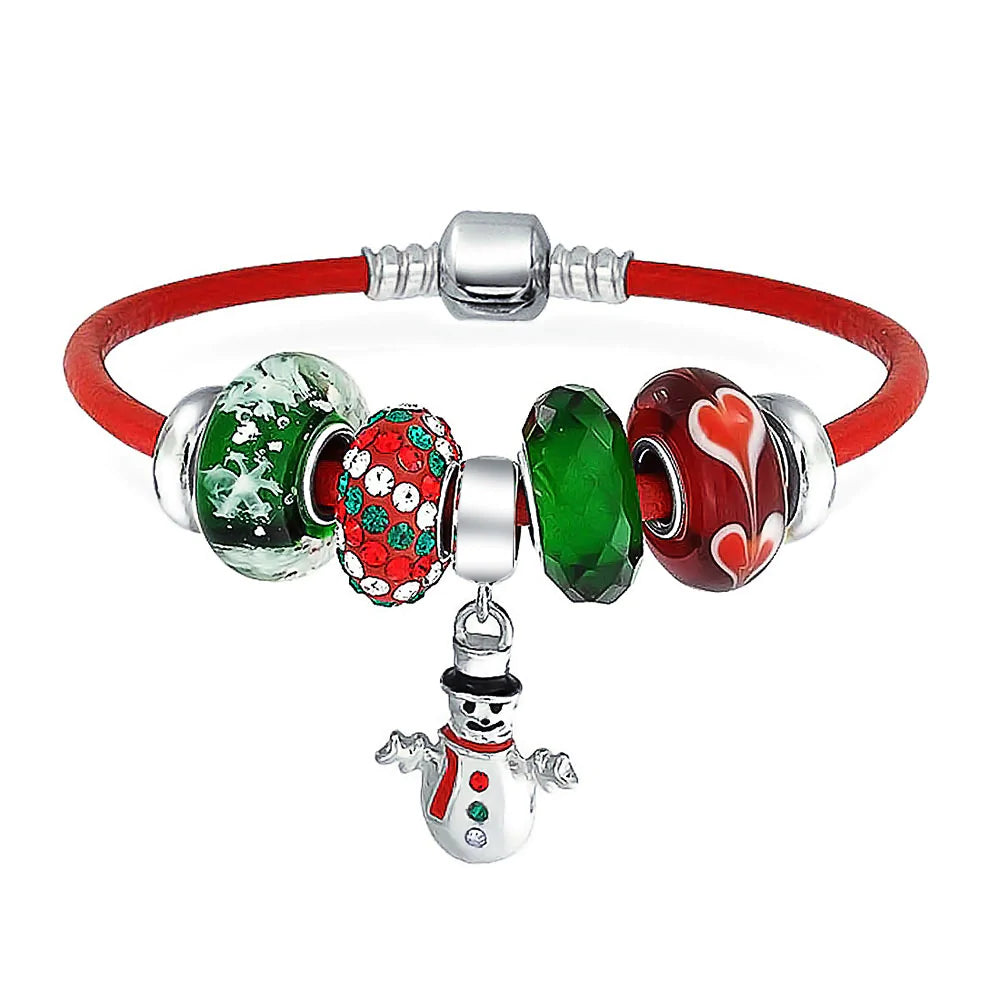 Pulsera con dijes de invierno y muñeco de nieve navideño de cuero rojo 