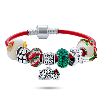 Red Leather Merry Christmas Charm Bracelet