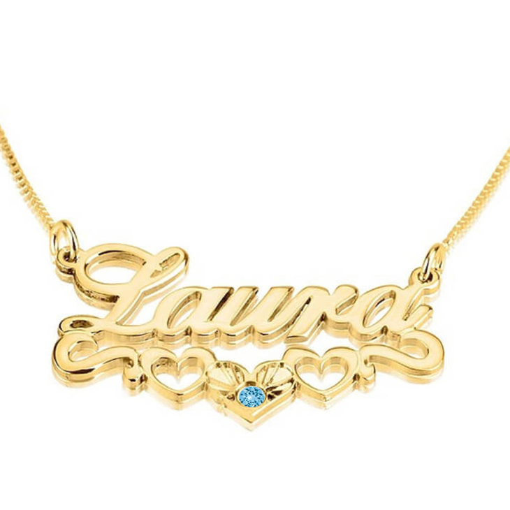 24K Gold Plated Birthstone Name Necklace with Underline Hearts