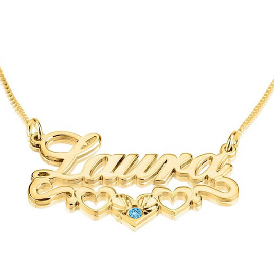 24K Gold Plated Birthstone Name Necklace with Underline Hearts