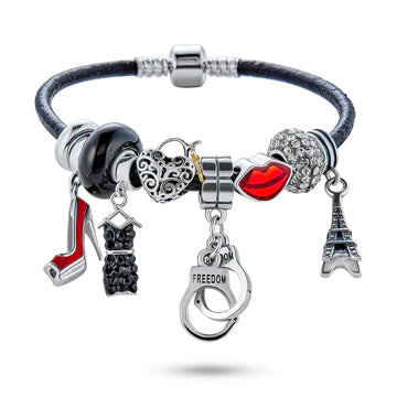 Black Leather Black Crystal Bead Handcuff Charm Bracelet