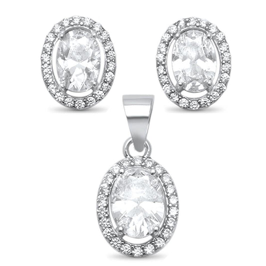 Juego de aretes y colgante de plata de ley 925 con solitario de halo y circonita cúbica ovalada