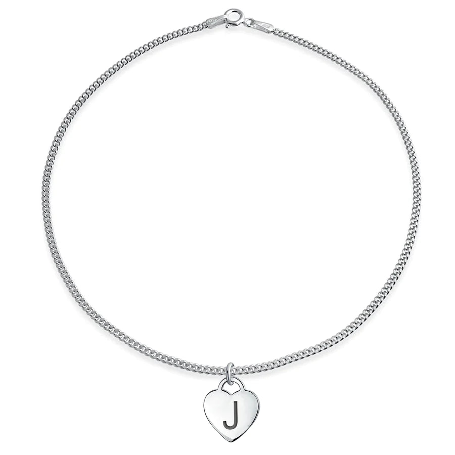Sterling Silver Block Alphabet Initial Tiny Heart Shaped Anklet