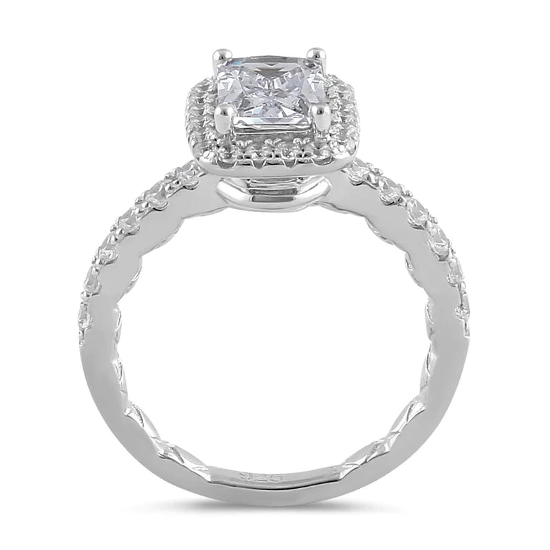 Anillo de compromiso con halo de circonita esmeralda de plata de ley de 8 x 6 