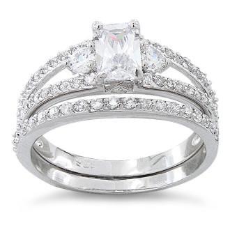 Anillo de boda de plata de ley con circonita cúbica de corte transparente 