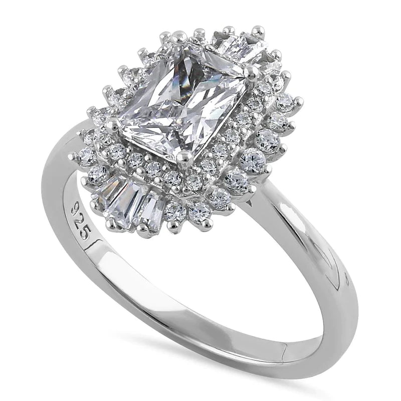 Anillo de compromiso de plata de ley con halo de esmeralda vintage y circonita transparente 