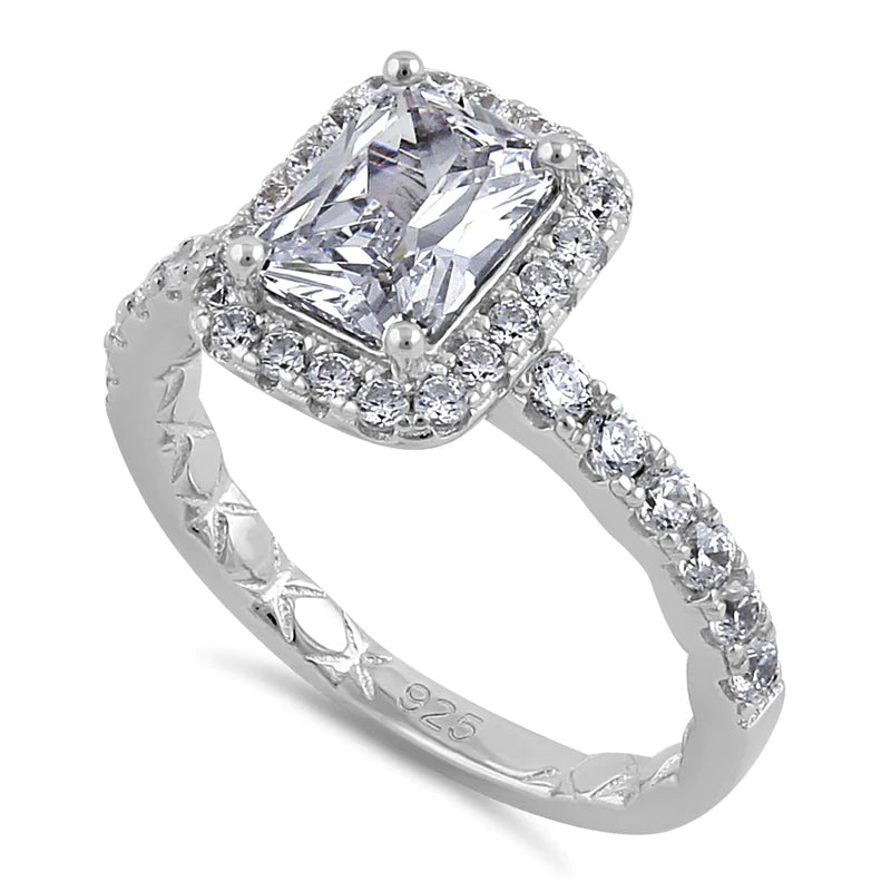 Anillo de compromiso con halo de circonita esmeralda de plata de ley de 8 x 6 