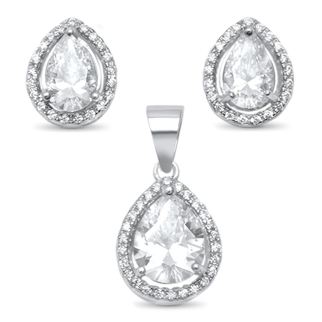 Pear Tear Drop Halo Solitaire .925 Sterling Silver Earring And Pendant Set