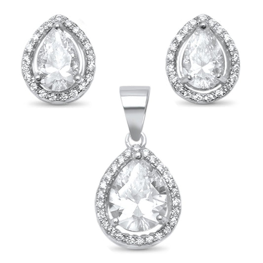 Juego de aretes y colgante de plata de ley 925 con solitario de halo y lágrima de pera