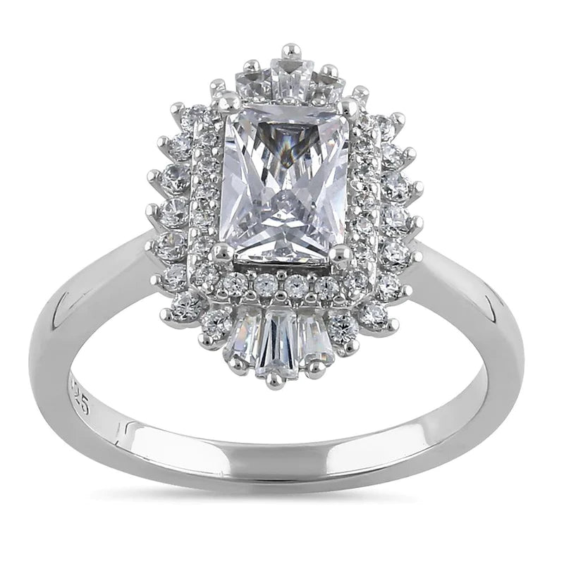 Anillo de compromiso de plata de ley con halo de esmeralda vintage y circonita transparente 