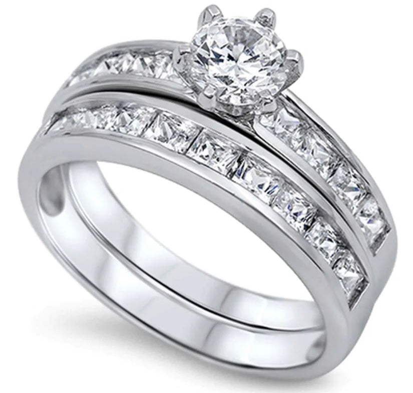 Juego de novia de plata de ley con solitario redondo transparente y diamantes de imitación