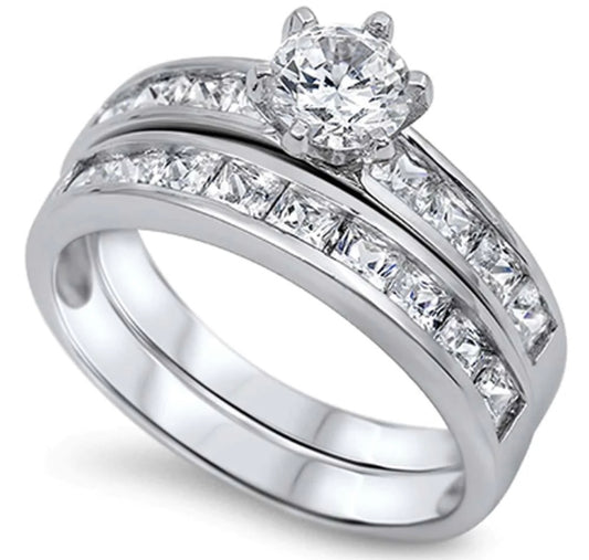 Juego de novia de plata de ley con solitario redondo transparente y diamantes de imitación