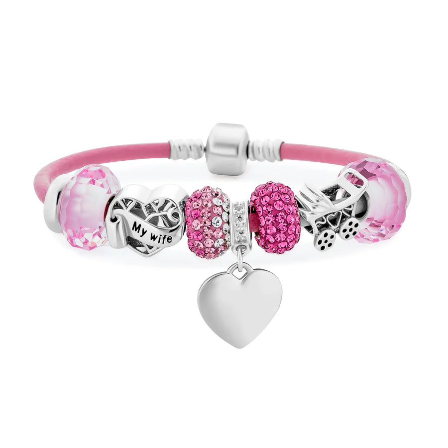 Pulsera de cuero con dije de corazón rosa para esposa 
