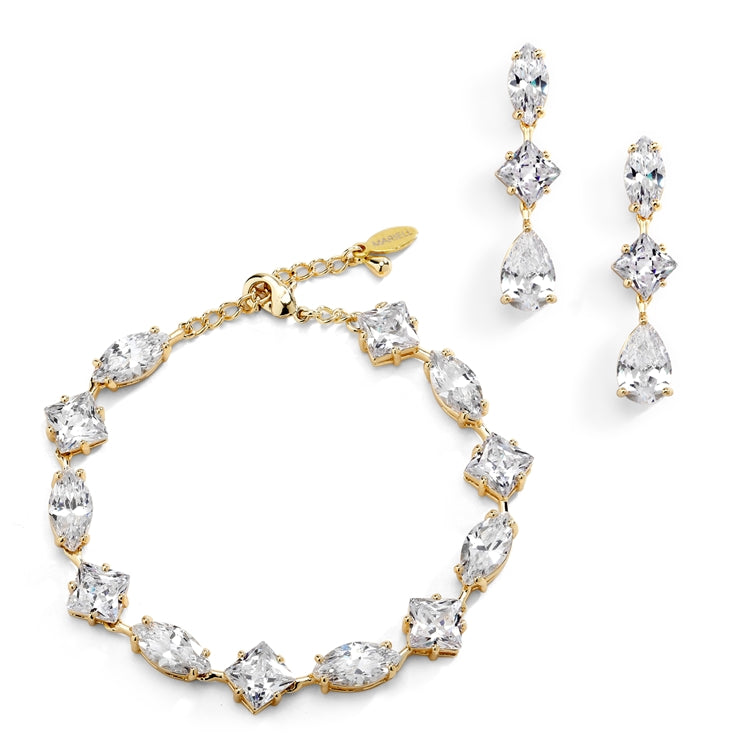 Elegant Cubic Zirconia Multi-Shape Bridal Bracelet and Earrings Set in 14K Gold