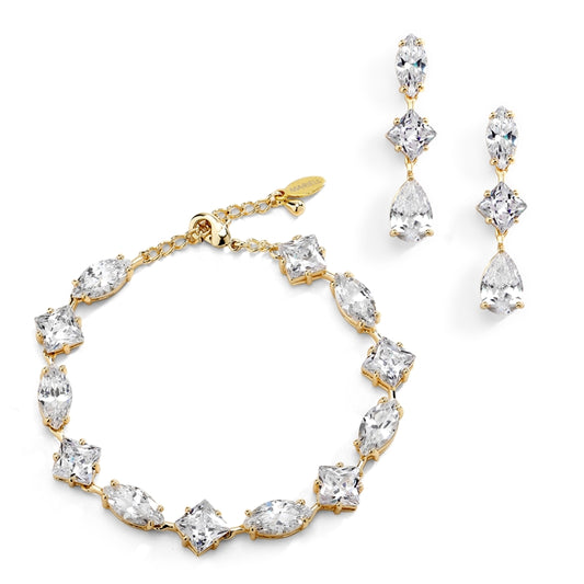 Elegant Cubic Zirconia Multi-Shape Bridal Bracelet and Earrings Set in 14K Gold