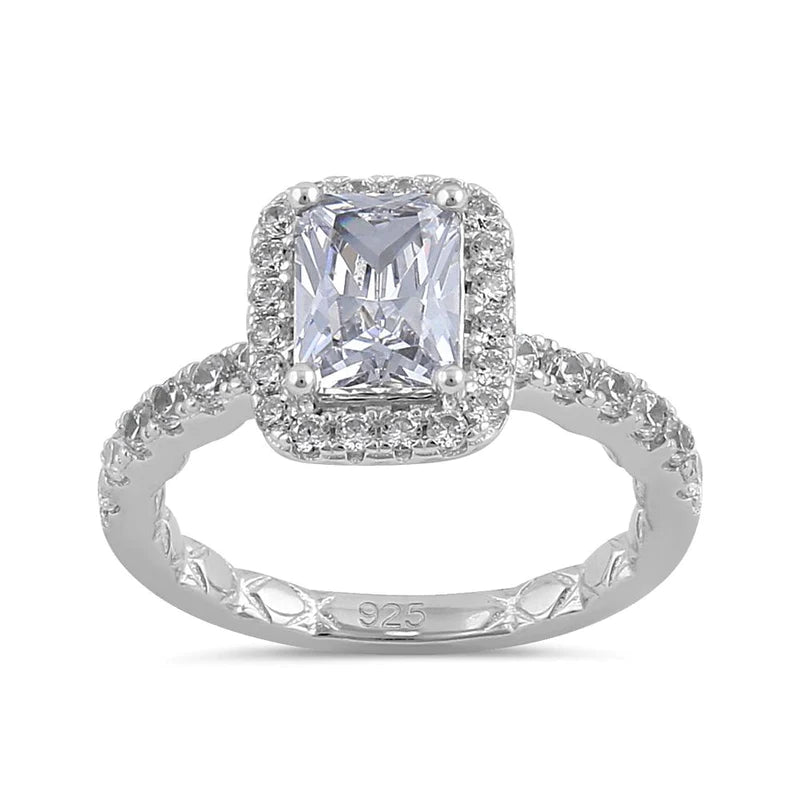 Anillo de compromiso con halo de circonita esmeralda de plata de ley de 8 x 6 