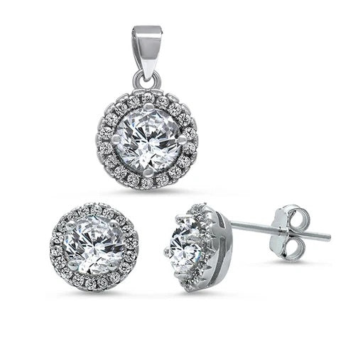 Juego de aretes y colgante de plata de ley 925 con circonitas finas Halo