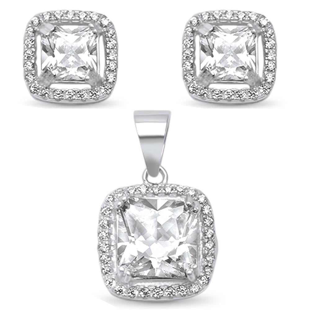Square Cubic Zirconia Solitaire .925 Sterling Silver Earring And Pendant Set