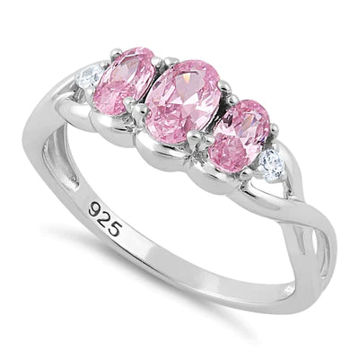 Anillo de plata de ley con circonita rosa ovalada triple 