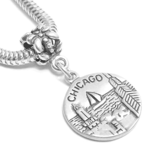 "Chicago" IL 2-Sided Charm with Euro Bead. Sterling Silver