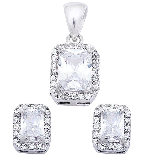 Emerald Cut & Round White Cz .925 Sterling Silver Earring & Pendant Jewelry Set