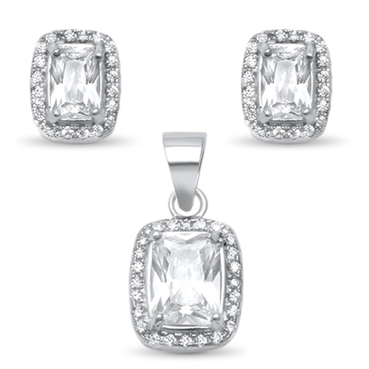 Juego de aretes y colgante de plata de ley 925 con halo de circonita cúbica radiante