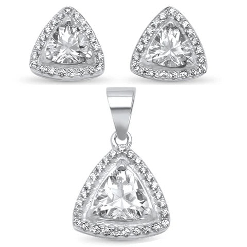 Trillion Shape Halo Solitaire .925 Sterling Silver Earring And Pendant Set