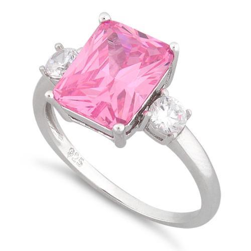 Anillo triple rectangular de plata de ley con circonita rosa