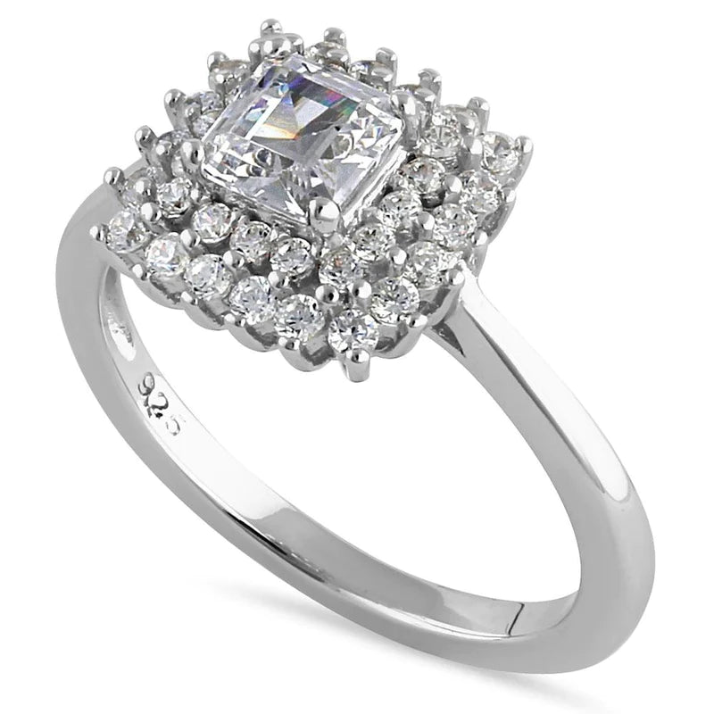 Anillo de compromiso de plata de ley con halo cuadrado y redondo con circonita transparente 