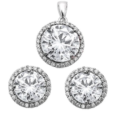 Halo Clear Cubic Zirconia .925 Sterling Silver Earring & Pendant Set .75"X.5